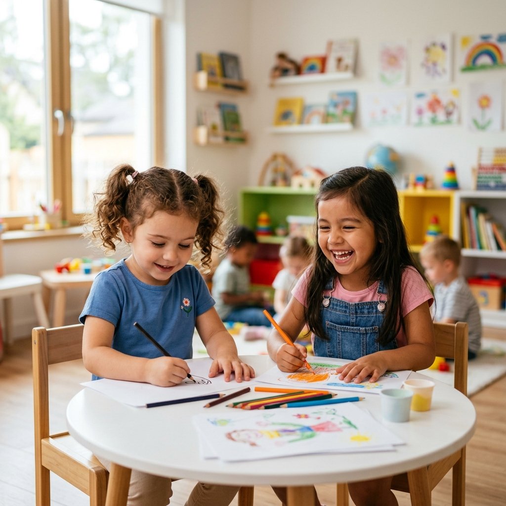 Kids learning and drawing in nursery school classroom